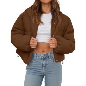 Tankaneo Women’s Cropped Puffer Jacket Casual Winter Hoodie Baggy Short Down Coats with Pockets(Coffee)