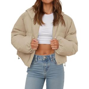 Tankaneo Women’s Cropped Puffer Jacket Casual Winter Hoodie Baggy Short Down Coats with Pockets(Dark Khaki)