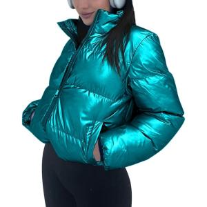 Tankaneo Womens Cropped Shiny Puffer Jacket Lightweight Quilted Stand Collar Winter Warm Down Coat(Blue&green)
