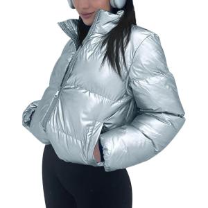 Tankaneo Womens Cropped Shiny Puffer Jacket Lightweight Quilted Stand Collar Winter Warm Down Coat(Silver)