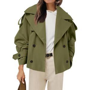 Tankaneo Womens Cropped Trench Coat Casual Double Breasted Short Jacket Fall Fashion Outerwear with Belt(Army Green)