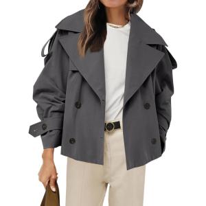 Tankaneo Womens Cropped Trench Coat Casual Double Breasted Short Jacket Fall Fashion Outerwear with Belt(Dark Grey)
