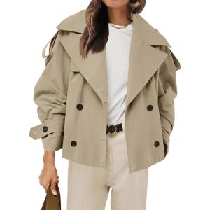 Tankaneo Womens Cropped Trench Coat Casual Double Breasted Short Jacket Fall Fashion Outerwear with Belt(Light Khaki)