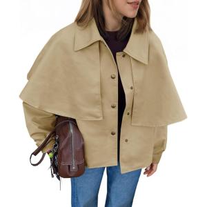 Tankaneo Womens Cropped Trench Coat Casual Lapel Single Breasted Cape Sleeve Short Jacket 2025 Fall Fashion Outerwear(Khaki)