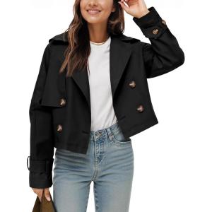 Tankaneo Womens Cropped Trench Coat Lapel Double Breasted Short Jacket Outwear(Black)