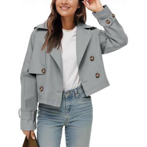 Tankaneo Womens Cropped Trench Coat Lapel Double Breasted Short Jacket Outwear(Grey)