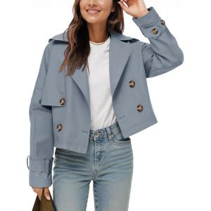 Tankaneo Womens Cropped Trench Coat Lapel Double Breasted Short Jacket Outwear(Grey Blue)