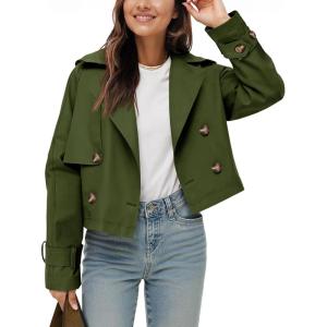 Tankaneo Womens Cropped Trench Coat Lapel Double Breasted Short Jacket Outwear(Grey Green)