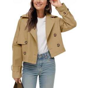 Tankaneo Womens Cropped Trench Coat Lapel Double Breasted Short Jacket Outwear(Khaki)