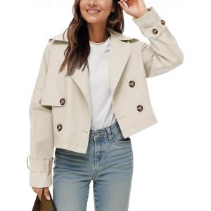 Tankaneo Womens Cropped Trench Coat Lapel Double Breasted Short Jacket Outwear(Off-white)