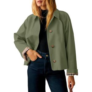 Tankaneo Womens Cropped Trench Coat Lightweight Single Breasted Jacket Fall Windbreaker Fashion Outerwear(Army Green)
