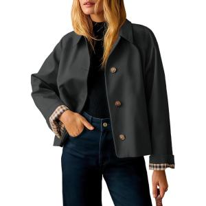 Tankaneo Womens Cropped Trench Coat Lightweight Single Breasted Jacket Fall Windbreaker Fashion Outerwear(Black)