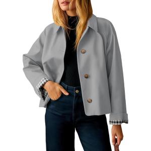 Tankaneo Womens Cropped Trench Coat Lightweight Single Breasted Jacket Fall Windbreaker Fashion Outerwear(Grey)