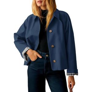 Tankaneo Womens Cropped Trench Coat Lightweight Single Breasted Jacket Fall Windbreaker Fashion Outerwear(Navy)