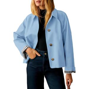 Tankaneo Womens Cropped Trench Coat Lightweight Single Breasted Jacket Fall Windbreaker Fashion Outerwear(Sky Blue)