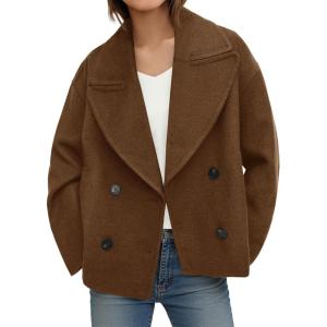 Tankaneo Womens Cropped Wool Blend Pea Coat Casual Long Sleeve Double Breasted Notched Lapel Overcoat Jackets(Brown)