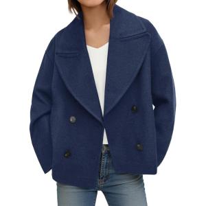 Tankaneo Womens Cropped Wool Blend Pea Coat Casual Long Sleeve Double Breasted Notched Lapel Overcoat Jackets(Navy)
