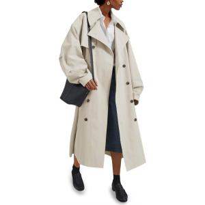 Tankaneo Womens Double Breasted Long Trench Coat Oversized Classic Lapel Belted Overcoat(Apricot)