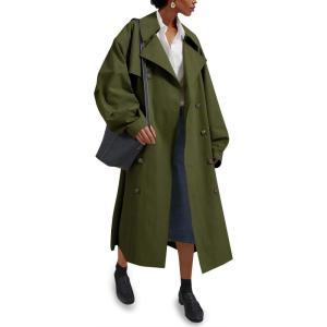 Tankaneo Womens Double Breasted Long Trench Coat Oversized Classic Lapel Belted Overcoat(Army Green)