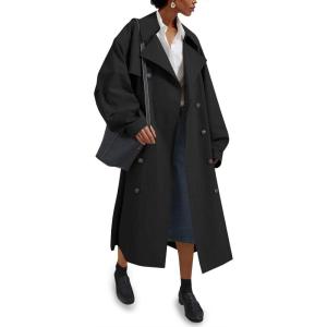 Tankaneo Womens Double Breasted Long Trench Coat Oversized Classic Lapel Belted Overcoat(Black)