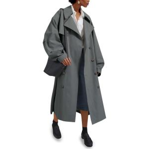 Tankaneo Womens Double Breasted Long Trench Coat Oversized Classic Lapel Belted Overcoat(Grey)