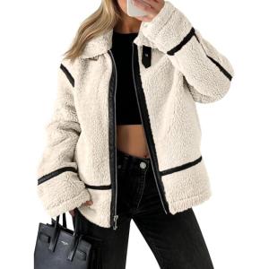 Tankaneo Womens Faux Fur Jackets Winter Trendy Sherpa Moto Leather Patchwork Zip Up Coat(Apricot)