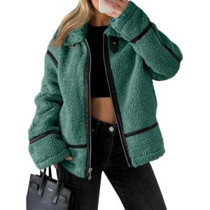 Tankaneo Womens Faux Fur Jackets Winter Trendy Sherpa Moto Leather Patchwork Zip Up Coat(Army Green)