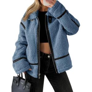 Tankaneo Womens Faux Fur Jackets Winter Trendy Sherpa Moto Leather Patchwork Zip Up Coat(Blue)