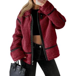 Tankaneo Womens Faux Fur Jackets Winter Trendy Sherpa Moto Leather Patchwork Zip Up Coat(Burgundy)
