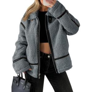 Tankaneo Womens Faux Fur Jackets Winter Trendy Sherpa Moto Leather Patchwork Zip Up Coat(Dark Grey)