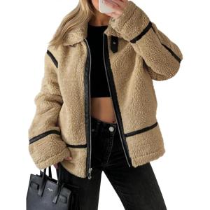 Tankaneo Womens Faux Fur Jackets Winter Trendy Sherpa Moto Leather Patchwork Zip Up Coat(Khaki)