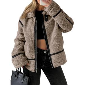 Tankaneo Womens Faux Fur Jackets Winter Trendy Sherpa Moto Leather Patchwork Zip Up Coat(Light Brown)