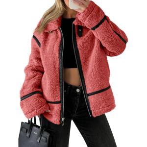 Tankaneo Womens Faux Fur Jackets Winter Trendy Sherpa Moto Leather Patchwork Zip Up Coat(Red)