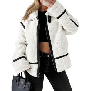 Tankaneo Womens Faux Fur Jackets Winter Trendy Sherpa Moto Leather Patchwork Zip Up Coat(White)