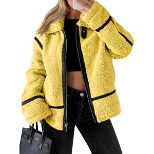 Tankaneo Womens Faux Fur Jackets Winter Trendy Sherpa Moto Leather Patchwork Zip Up Coat(Yellow)