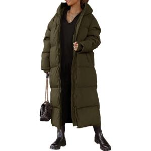 Tankaneo Womens Hooded Long Quilted Coat Maxi Length Long Sleeve Puffer Jacket Warm Padded Coat Thick Winter Outerwear(Army Green)