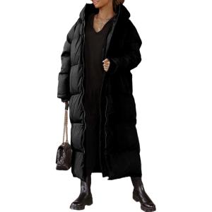 Tankaneo Womens Hooded Long Quilted Coat Maxi Length Long Sleeve Puffer Jacket Warm Padded Coat Thick Winter Outerwear(Black)