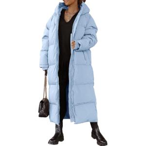 Tankaneo Womens Hooded Long Quilted Coat Maxi Length Long Sleeve Puffer Jacket Warm Padded Coat Thick Winter Outerwear(Blue)