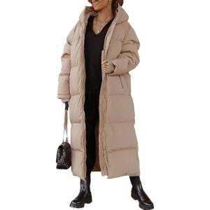 Tankaneo Womens Hooded Long Quilted Coat Maxi Length Long Sleeve Puffer Jacket Warm Padded Coat Thick Winter Outerwear(Camel)