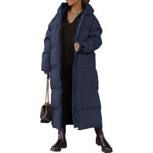 Tankaneo Womens Hooded Long Quilted Coat Maxi Length Long Sleeve Puffer Jacket Warm Padded Coat Thick Winter Outerwear(Navy)