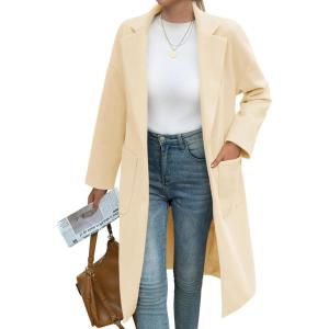 Tankaneo Womens Long Pea Coats Open Front Lapel Jackets Casual Belted Trench Coat Overcoats with Pockets(Beige)