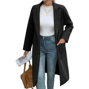 Tankaneo Womens Long Pea Coats Open Front Lapel Jackets Casual Belted Trench Coat Overcoats with Pockets(Black)