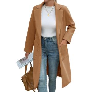 Tankaneo Womens Long Pea Coats Open Front Lapel Jackets Casual Belted Trench Coat Overcoats with Pockets(Camel)