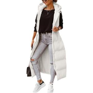 Tankaneo Women’s Long Quilted Vest Outerwear Hooded Maxi Length Sleeveless Puffer Vest Full-zip Cotton Padded Coat(White)