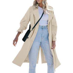 Tankaneo Womens Long Trench Coat Double Breasted Notch Lapel Lightweight Oversized Windproof Fall Overcoat with Belt(Apricot)
