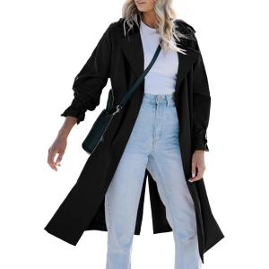 Tankaneo Womens Long Trench Coat Double Breasted Notch Lapel Lightweight Oversized Windproof Fall Overcoat with Belt(Black)