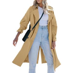 Tankaneo Womens Long Trench Coat Double Breasted Notch Lapel Lightweight Oversized Windproof Fall Overcoat with Belt(Dark Khaki)