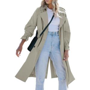 Tankaneo Womens Long Trench Coat Double Breasted Notch Lapel Lightweight Oversized Windproof Fall Overcoat with Belt(Khaki)