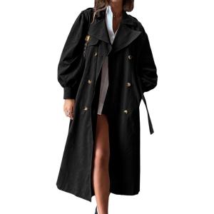 Tankaneo Womens Long Trench Coat Fall Fashion Oversized Double Breasted Lapel Overcoat Outerwear with Belt(Black)
