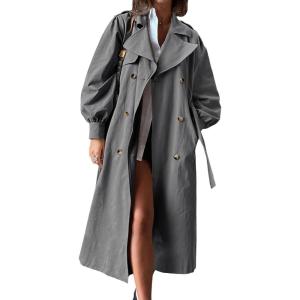 Tankaneo Womens Long Trench Coat Fall Fashion Oversized Double Breasted Lapel Overcoat Outerwear with Belt(Dark Grey)